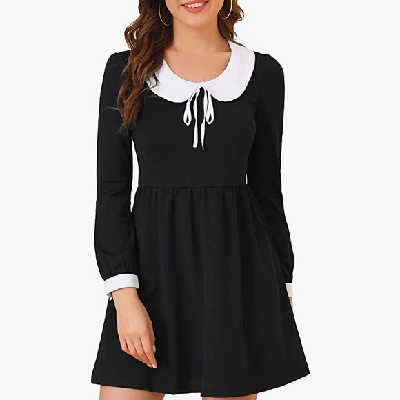 Black Long Sleeve Collar Dress Fit and Flare Size XL Wednesday Dress - Picture 4 of 4